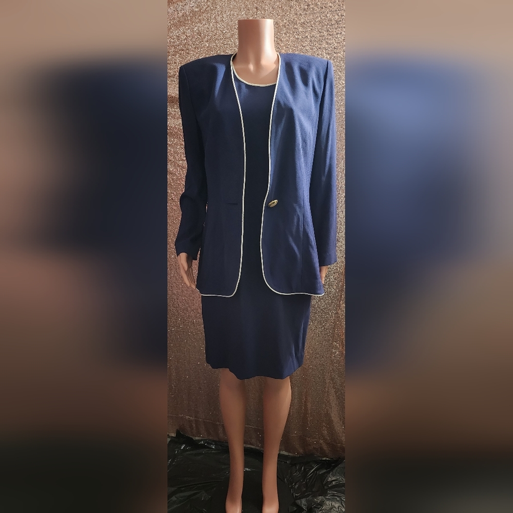 2 Piece Blue Women Dress And Jacket Set With Stylish Button
